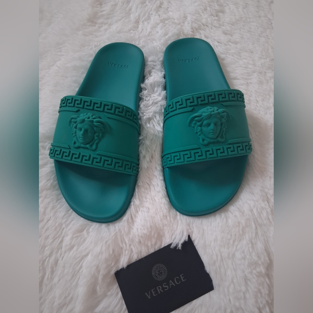 Versace Teal Green Medusa Slide Sandals